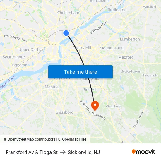 Frankford Av & Tioga St to Sicklerville, NJ map