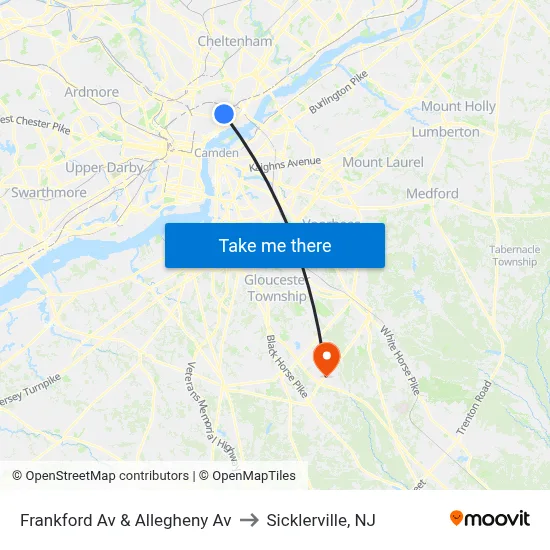 Frankford Av & Allegheny Av to Sicklerville, NJ map