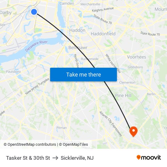 Tasker St & 30th St to Sicklerville, NJ map