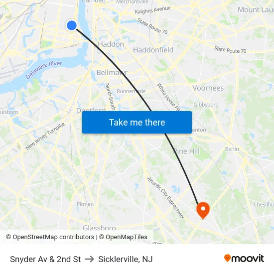 Snyder Av & 2nd St to Sicklerville, NJ map
