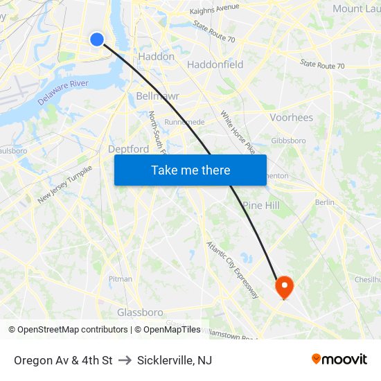 Oregon Av & 4th St to Sicklerville, NJ map