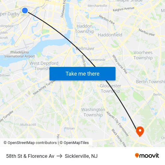58th St & Florence Av to Sicklerville, NJ map