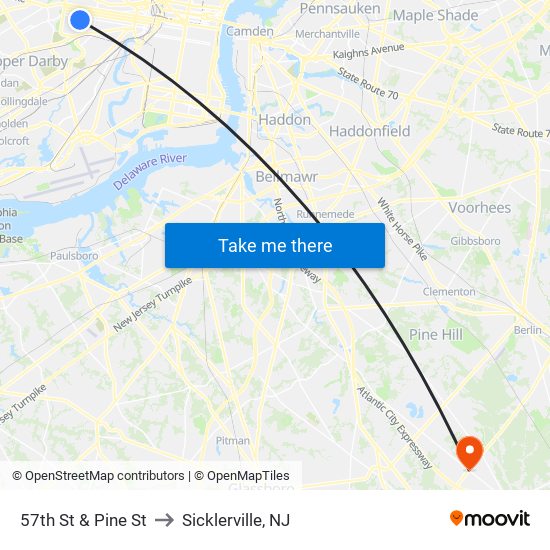 57th St & Pine St to Sicklerville, NJ map
