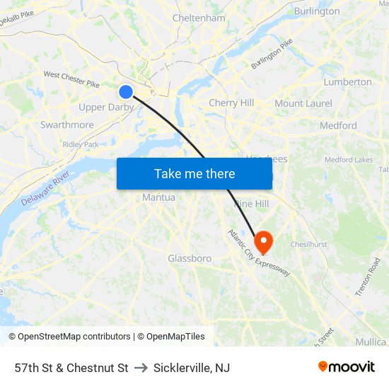 57th St & Chestnut St to Sicklerville, NJ map
