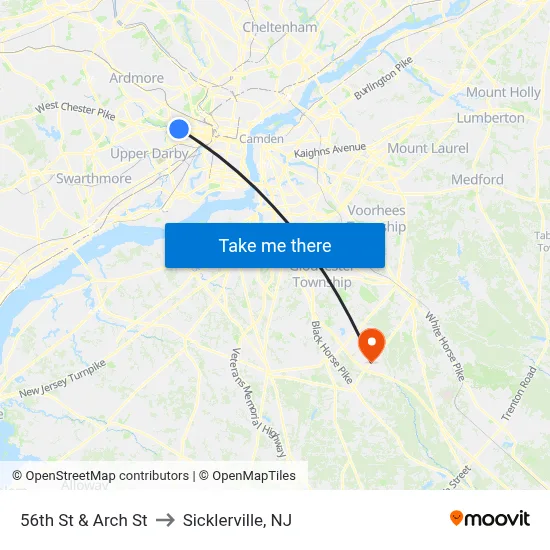 56th St & Arch St to Sicklerville, NJ map