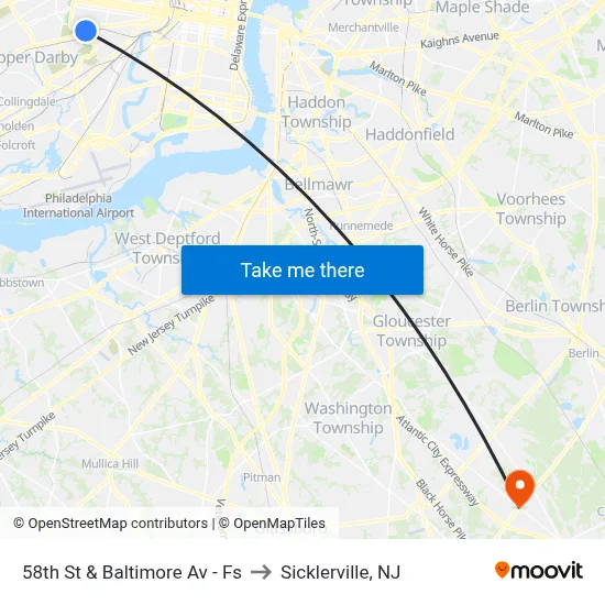 58th St & Baltimore Av - Fs to Sicklerville, NJ map