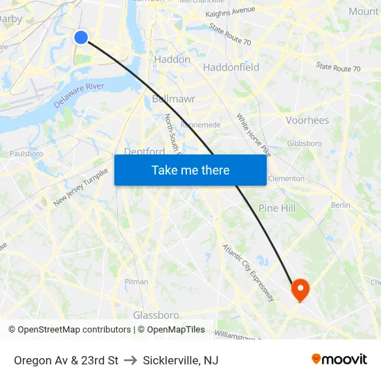 Oregon Av & 23rd St to Sicklerville, NJ map