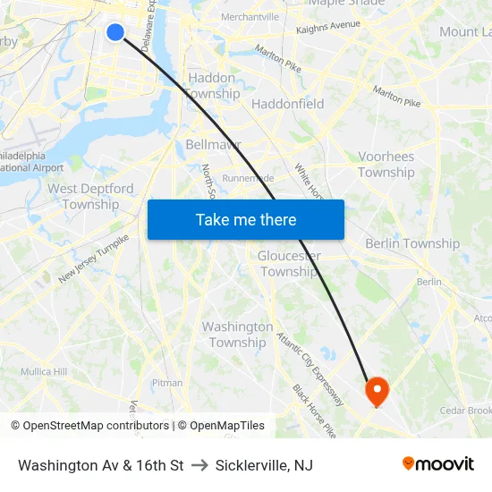 Washington Av & 16th St to Sicklerville, NJ map