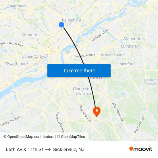 66th Av & 11th St to Sicklerville, NJ map