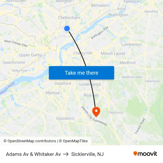 Adams Av & Whitaker Av to Sicklerville, NJ map