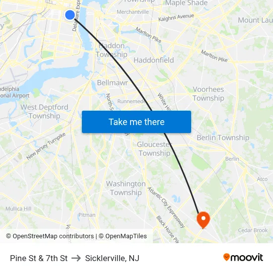 Pine St & 7th St to Sicklerville, NJ map
