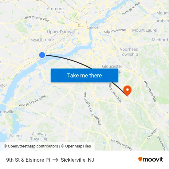 9th St & Elsinore Pl to Sicklerville, NJ map