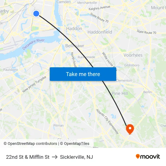 22nd St & Mifflin St to Sicklerville, NJ map