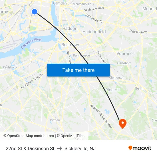 22nd St & Dickinson St to Sicklerville, NJ map