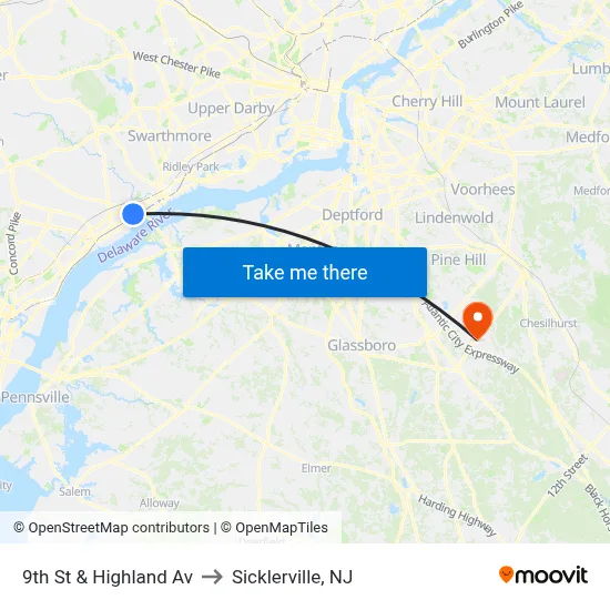 9th St & Highland Av to Sicklerville, NJ map