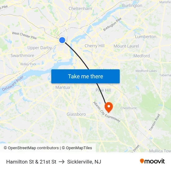 Hamilton St & 21st St to Sicklerville, NJ map