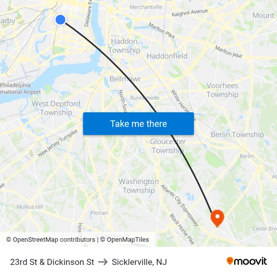 23rd St & Dickinson St to Sicklerville, NJ map