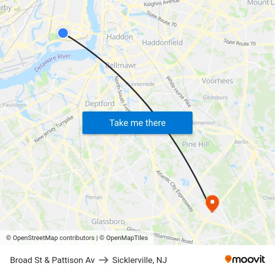 Broad St & Pattison Av to Sicklerville, NJ map