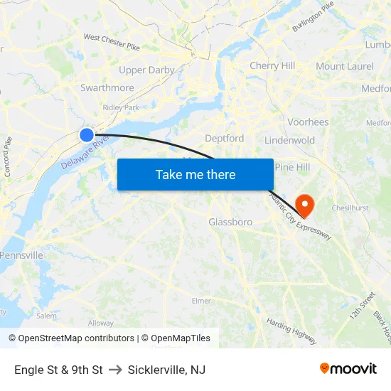 Engle St & 9th St to Sicklerville, NJ map