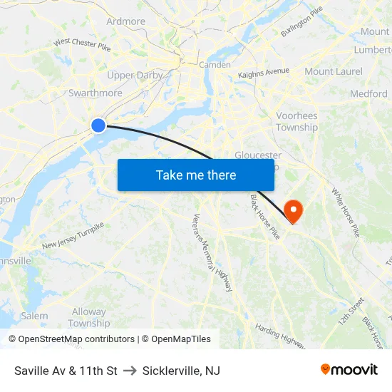 Saville Av & 11th St to Sicklerville, NJ map