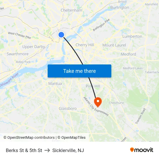 Berks St & 5th St to Sicklerville, NJ map