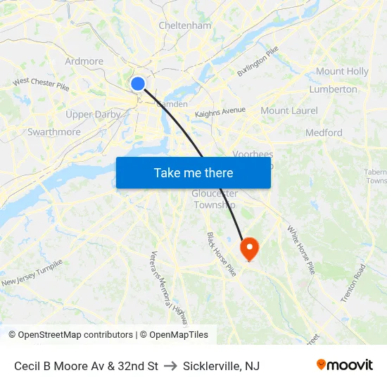Cecil B Moore Av & 32nd St to Sicklerville, NJ map