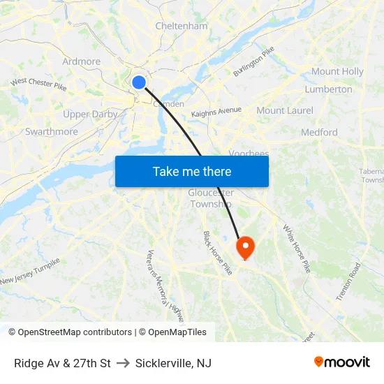 Ridge Av & 27th St to Sicklerville, NJ map