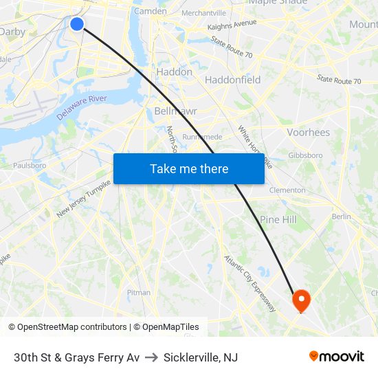 30th St & Grays Ferry Av to Sicklerville, NJ map