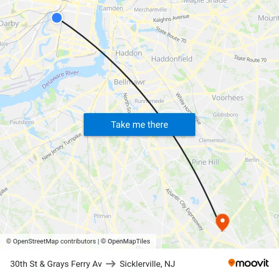 30th St & Grays Ferry Av to Sicklerville, NJ map