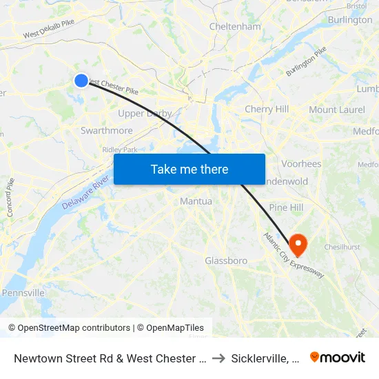 Newtown Street Rd & West Chester Pk to Sicklerville, NJ map