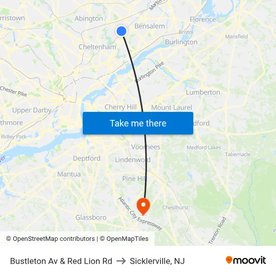 Bustleton Av & Red Lion Rd to Sicklerville, NJ map