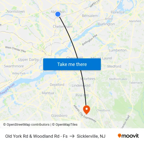 Old York Rd & Woodland Rd - Fs to Sicklerville, NJ map