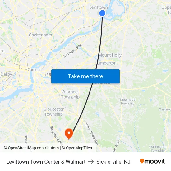 Levittown Town Center & Walmart to Sicklerville, NJ map
