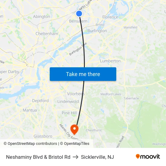 Neshaminy Blvd & Bristol Rd to Sicklerville, NJ map