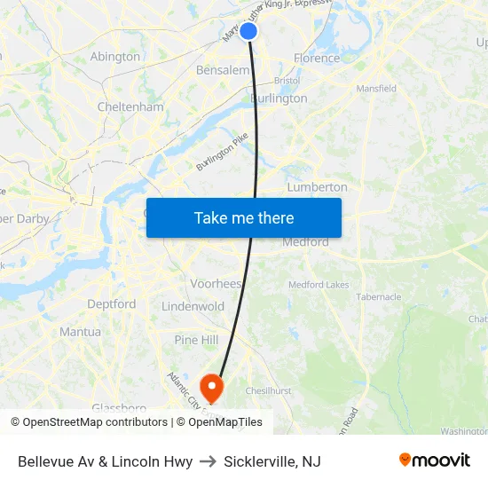 Bellevue Av & Lincoln Hwy to Sicklerville, NJ map
