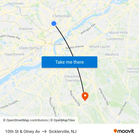 10th St & Olney Av to Sicklerville, NJ map