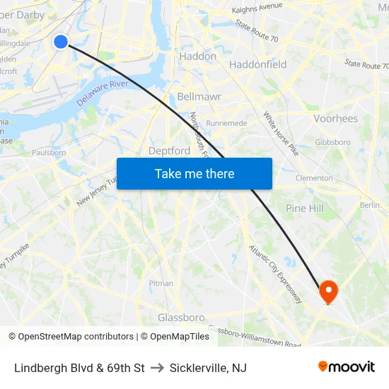 Lindbergh Blvd & 69th St to Sicklerville, NJ map