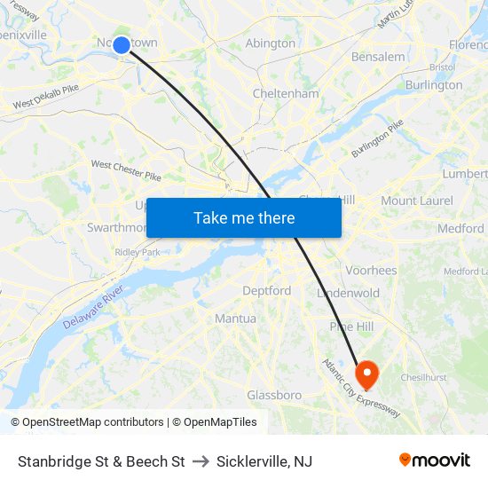 Stanbridge St & Beech St to Sicklerville, NJ map