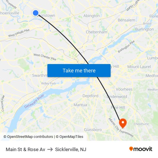 Main St & Rose Av to Sicklerville, NJ map