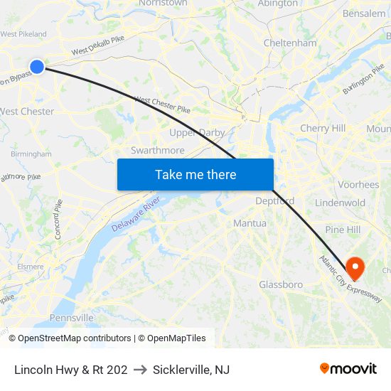 Lincoln Hwy & Rt 202 to Sicklerville, NJ map