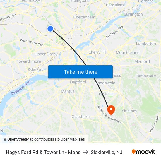 Hagys Ford Rd & Tower Ln - Mbns to Sicklerville, NJ map