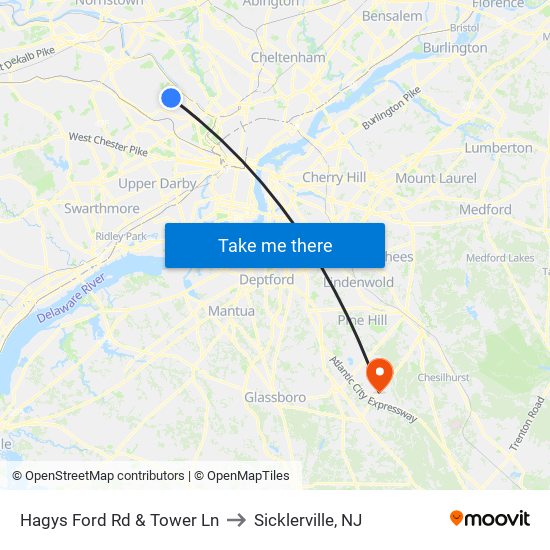 Hagys Ford Rd & Tower Ln to Sicklerville, NJ map