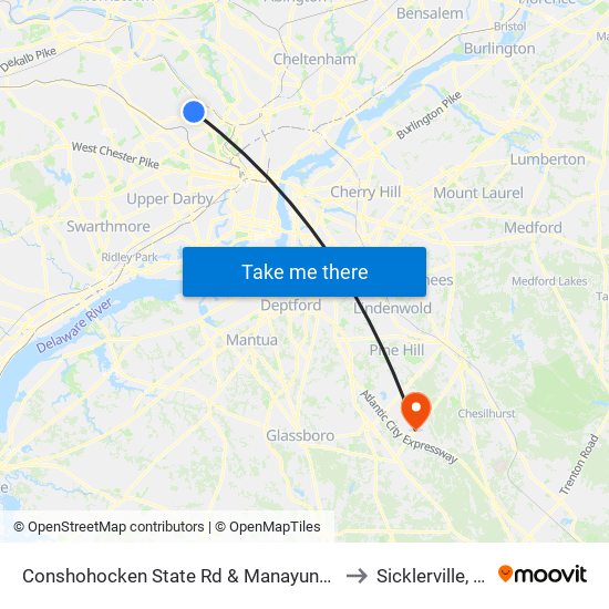 Conshohocken State Rd & Manayunk Rd to Sicklerville, NJ map