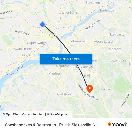 Conshohocken & Dartmouth - Fs to Sicklerville, NJ map