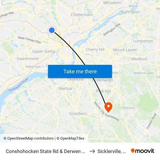 Conshohocken State Rd & Derwen Rd to Sicklerville, NJ map