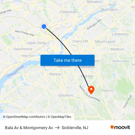 Bala Av & Montgomery Av to Sicklerville, NJ map