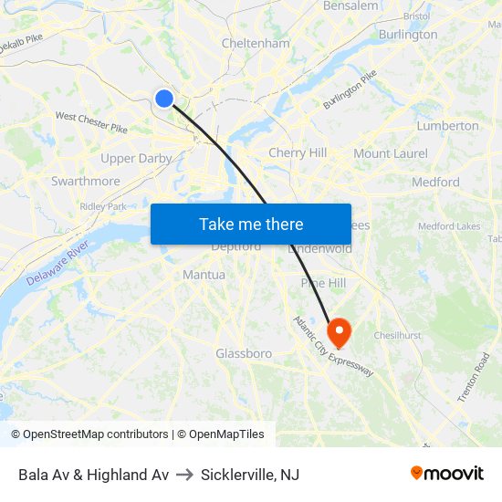 Bala Av & Highland Av to Sicklerville, NJ map