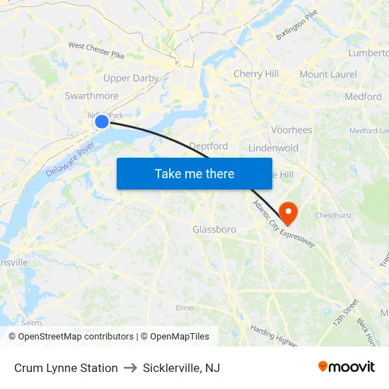 Crum Lynne Station to Sicklerville, NJ map