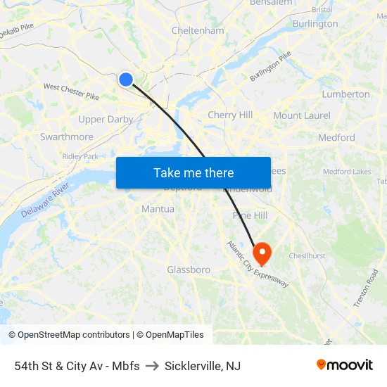 54th St & City Av - Mbfs to Sicklerville, NJ map