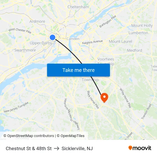 Chestnut St & 48th St to Sicklerville, NJ map